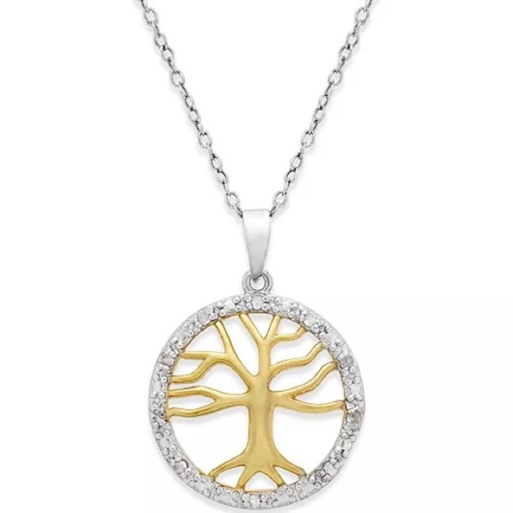 NWT Diamond Family Tree Necklace - Sterling Silver and 18k Gold